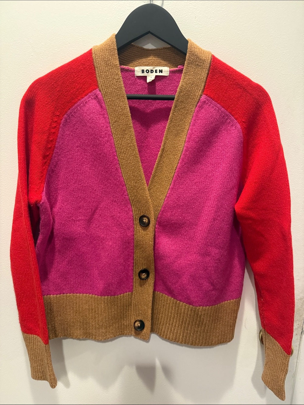 Boden Olivia Merino Pink and Red Colorblock Wool-Blend Cardigan with Tan Trim